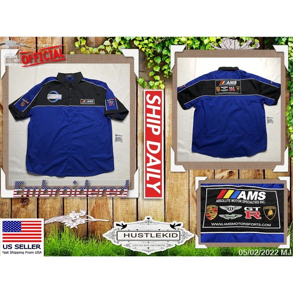 AMS Motorsports GTR Bently Lamborghini Porsche Mechanic Button Shirt Men XXL 2XL - Picture 1 of 12